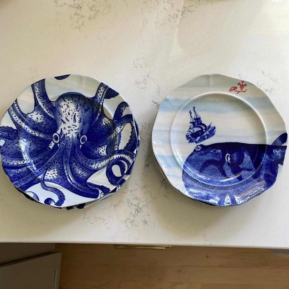 Anthropologie From the Deep 8” Salad Plates, 3 octopus and 3 puffer fish